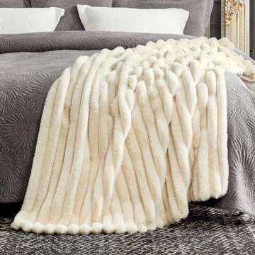 Cozy Bliss Faux Fur Throw Blanket for Couch, Cozy Warm Plush Striped Blanket for Sofa Bedroom Living Room,50 * 60 Inches Beige