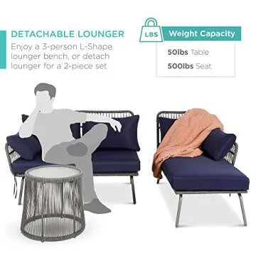 Best Choice Products Outdoor Rope Woven Sectional Patio Furniture L-Shaped Conversation Sofa Set for Backyard, Porch w/Thick Cushions, Detachable Lounger, Side Table - Gray/Navy