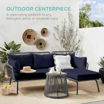 Best Choice Products Outdoor Rope Woven Sectional Patio Furniture L-Shaped Conversation Sofa Set for Backyard, Porch w/Thick Cushions, Detachable Lounger, Side Table - Gray/Navy