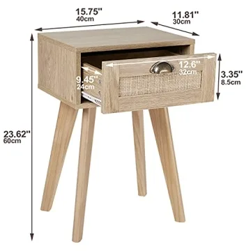 FairyHaus Nightstand with Rattan Drawer for Bedrooms