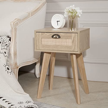 FairyHaus Nightstand with Rattan Drawer for Bedrooms