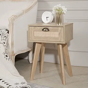 FairyHaus Nightstand with Rattan Drawer for Bedrooms