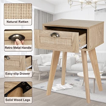FairyHaus Nightstand with Rattan Drawer for Bedrooms