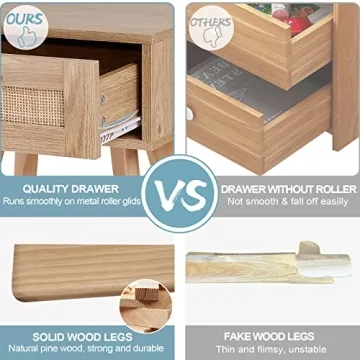 FairyHaus Nightstand with Rattan Drawer for Bedrooms