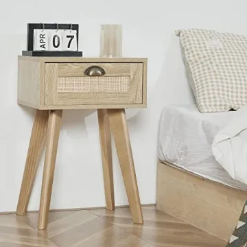 FairyHaus Nightstand with Rattan Drawer for Bedrooms