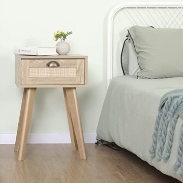 FairyHaus Nightstand with Rattan Drawer for Bedrooms