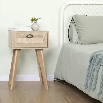 FairyHaus Nightstand with Rattan Drawer for Bedrooms