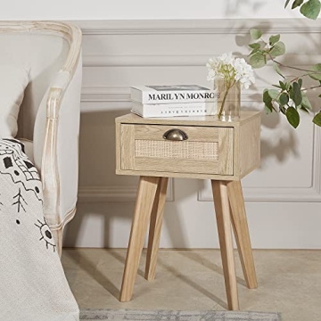 FairyHaus Nightstand with Rattan Drawer for Bedrooms