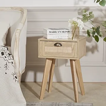 FairyHaus Nightstand with Rattan Drawer for Bedrooms