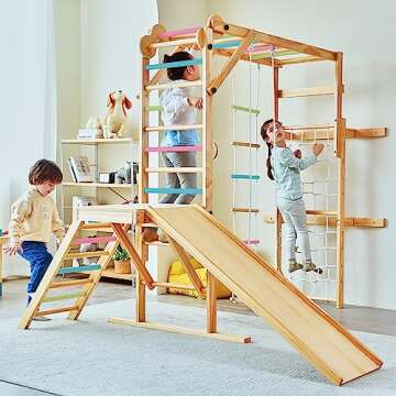 Avenlur Grove 8-in-1 Indoor Jungle Gym with Gymnastic Rings, Climbing Rope, Swing, Slide, Monkey Bars, Rope Wall Net, and Wooden and Rope Ladder - Jungle Play Set for Kids Ages 2-11 Years Old