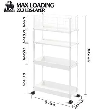 KINGRACK Slim Storage Cart - 4-Tier Metal Utility Rolling Cart, White, for Narrow Spaces and Organiz...