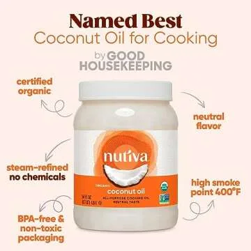 Nutiva Organic Steam-Refined Coconut Oil, 54 Fl Oz, USDA Organic, Non-GMO, Vegan, Keto, Paleo, Neutral Flavor and Aroma for Cooking & Natural Moisturizer for Skin and Hair