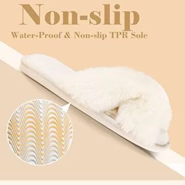 Ankis White Womens Fuzzy Slippers - 2Pair Cozy, Soft, Comfy, Relax Fluffy Slippers, Cross Band, Open Toe, Non-slip Womens Slippers, Indoor and Outdoor Fluffy Slippers