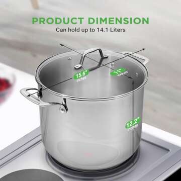 NutriChef 15-Quart Large Stainless Steel Stock Pot with Tempered Glass Lid - Induction Compatible St...