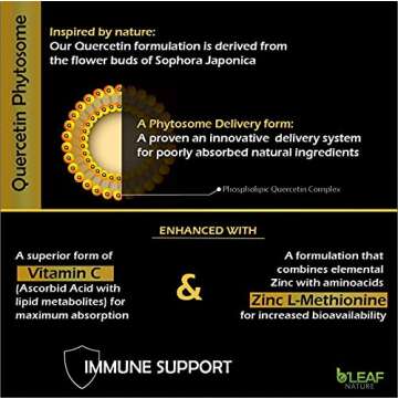 B'Leaf Nature Quercetin Phytosome with Vitamin C and Zinc - 1000mg Enhanced Formulation Vegetarian Quercetin Capsule, Non-GMO, Nature Made Immune Support, Brain Vitamins, Allergy Supplement, 120 Count