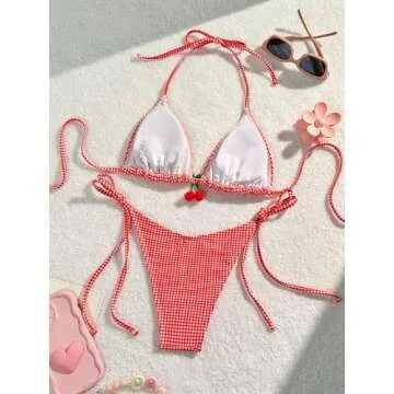 RoseSeek Women's High Waisted Bikini Set Graphic Tie Back Swimsuit with Tie Side Thongs Bathing Suit...