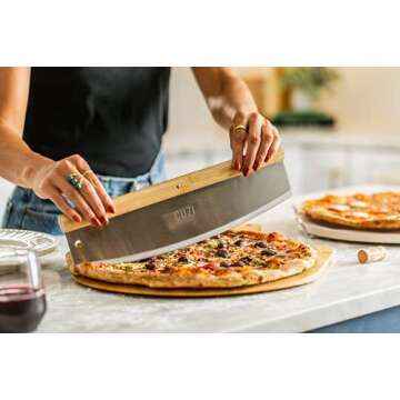 Cuzi Gourmet 4-Piece Large Pizza Stone Set - 13" Thermal Shock Resistant Cordierite Pizza Stone with Handle Rack, 19" Natural Bamboo Pizza Peel & Pizza Cutter - Large Baking Stone for Grill and Oven