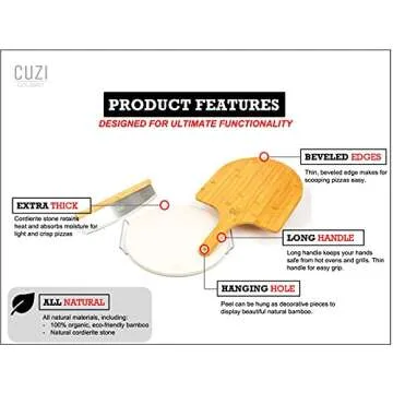 Cuzi Gourmet 4-Piece Large Pizza Stone Set - 13" Thermal Shock Resistant Cordierite Pizza Stone with Handle Rack, 19" Natural Bamboo Pizza Peel & Pizza Cutter - Large Baking Stone for Grill and Oven