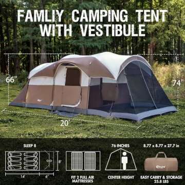 PORTAL 8 Person Family Camping Tent with Screen Porch, Weather Resistant Tunnel Tent with Rainfly, L...