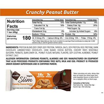 Nugo Slim Dark Chocolate Crunchy Peanut Butter, 16g Vegan Protein, 3g Sugar, 7g Fiber, Low Net Carb, Keto Friendly, Gluten Free, 24 Count