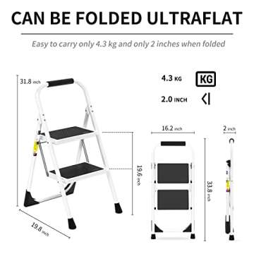 Step Ladder EFFIELER 2 Step Stool Ergonomic Folding Step Stool with Wide Anti-Slip Pedal 430 lbs Stu...