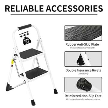 Step Ladder EFFIELER 2 Step Stool Ergonomic Folding Step Stool with Wide Anti-Slip Pedal 430 lbs Sturdy Step Stool for Adults Multi-Use for Household, Kitchen, Office (Matte White)