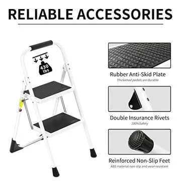 Step Ladder EFFIELER 2 Step Stool Ergonomic Folding Step Stool with Wide Anti-Slip Pedal 430 lbs Sturdy Step Stool for Adults Multi-Use for Household, Kitchen, Office (Matte White)