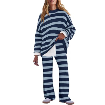 LAMISSCHE Oversized Womens Lounge Set Striped Sweater Set Long Sleeve 2 Piece Pajama Set Top and Pan...