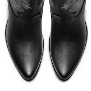 Cowboy Boots for Women Knee High Wide Calf Cowgirl Boots Embroidered Chunky Heels Pointed Toe Long Tall Western Boot Pull On (Black, Size 7)