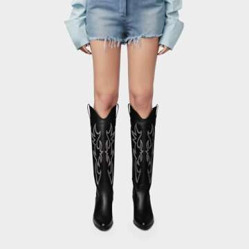 Cowboy Boots for Women Knee High Wide Calf Cowgirl Boots Embroidered Chunky Heels Pointed Toe Long Tall Western Boot Pull On (Black, Size 7)