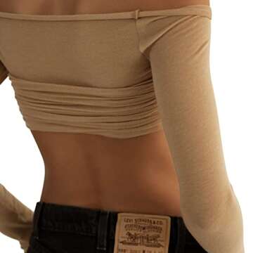 Women Y2k Crop Tops Off Shoulder Backless Long Sleeve Tees Slim Fit T-Shirt Stretchy Trendy Shirts Blouse (Camel, S)