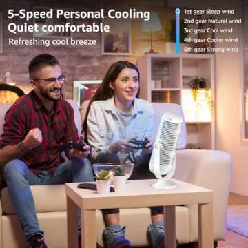 AbuDodo Tower Fan, Portable Desk Fan with 5-Speed Options, Dual Air Circulation, Personal Quiet Table Fan for Home Office Desktop Bedroom, 10.5 inch - White