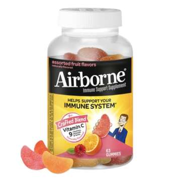 Airborne 750mg Vitamin C Gummies For Adults, Immune Support Gummies With Powerful Antioxidants Vit C & E, Caffeine Free - 2x63ct Bottle (42 Servings), Assorted Fruit Flavor