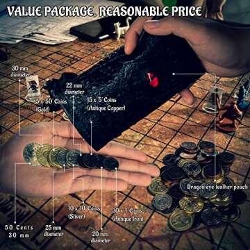 DND Metal Coins Set - 60 Gaming Tokens with Pouch