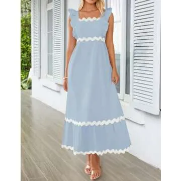 ZESICA Women's Summer Sleeveless Ruffle Dresses Square Neck Backless Boho Flowy Maxi Sundress with P...