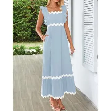 ZESICA Women's Summer Sleeveless Ruffle Dresses Square Neck Backless Boho Flowy Maxi Sundress with Pockets, Light Blue, Medium