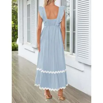 ZESICA Women's Summer Sleeveless Ruffle Dresses Square Neck Backless Boho Flowy Maxi Sundress with Pockets, Light Blue, Medium