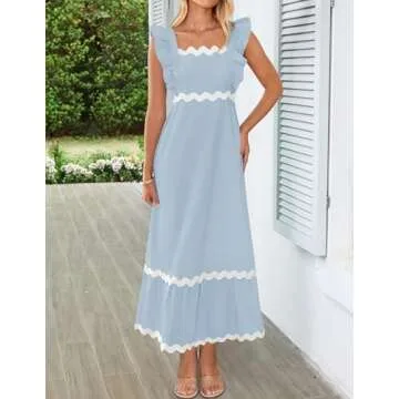 ZESICA Women's Summer Sleeveless Ruffle Dresses Square Neck Backless Boho Flowy Maxi Sundress with Pockets, Light Blue, Medium