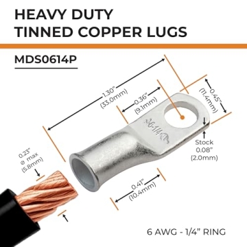 SELTERM 25pcs 6 AWG 1/4" Stud Marine Grade Tinned Copper Battery Cable Lugs, Reliable Copper Ring Te...