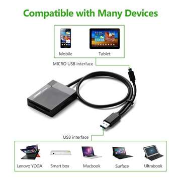 UGREEN SD Card Reader Android USB 3.0 OTG Hub Card Adapter On The Go 5Gbps Read CF, CFI, TF, SDXC, SDHC, SD, MMC, Micro SDXC, Micro SD, Micro SDHC, MS, UHS-I for Windows, Mac, Linux, Android 1.5ft
