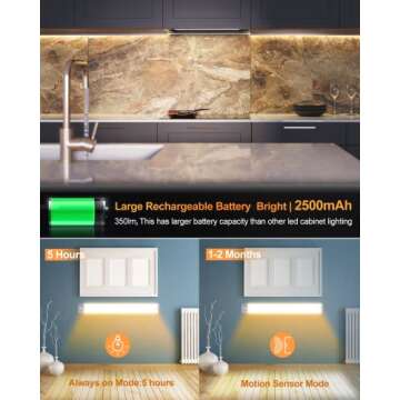 PRIORARE Under Cabinet Lighting 54 LED Motion Sensor Closet Light, 2500mAh Rechargeable Ultra Thin Magnetic Closet Lighting, 350lm Led Wireless Lights for Kitchen, Stairs(Warm White, 2Pack)