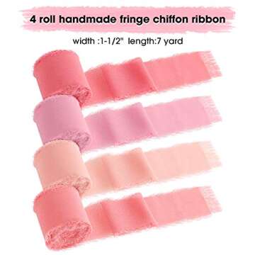 Boao 4 Rolls Handmade Fringe Chiffon Silk Ribbon 1.5 x 7yd Pink Assorted Frayed Ribbons for Wedding ...