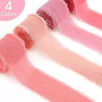 Boao 4 Rolls Handmade Fringe Chiffon Silk Ribbon 1.5 x 7yd Pink Assorted Frayed Ribbons for Wedding Invitations Bridal Bouquets Gifts Wrapping Bow Making DIY Crafts(Pink Series)