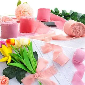 Boao 4 Rolls Handmade Fringe Chiffon Silk Ribbon 1.5 x 7yd Pink Assorted Frayed Ribbons for Wedding Invitations Bridal Bouquets Gifts Wrapping Bow Making DIY Crafts(Pink Series)