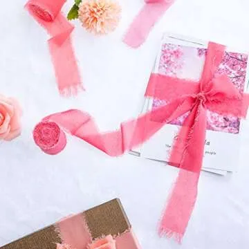 Boao 4 Rolls Handmade Fringe Chiffon Silk Ribbon 1.5 x 7yd Pink Assorted Frayed Ribbons for Wedding Invitations Bridal Bouquets Gifts Wrapping Bow Making DIY Crafts(Pink Series)