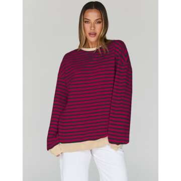 Trendy Queen Oversized Sweatshirt for Women 2024 Fall Crewneck Striped Long Sleeve Shirts Hoodies Pr...