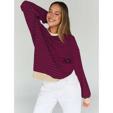 Trendy Queen Oversized Sweatshirt for Women 2024 Fall Crewneck Striped Long Sleeve Shirts Hoodies Preppy Top Y2K Outfits SEBurgundyBlue L