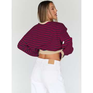 Trendy Queen Oversized Sweatshirt for Women 2024 Fall Crewneck Striped Long Sleeve Shirts Hoodies Preppy Top Y2K Outfits SEBurgundyBlue L