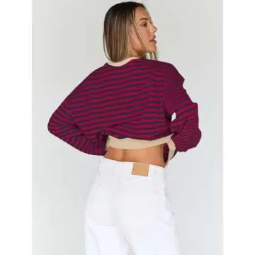 Trendy Queen Oversized Sweatshirt for Women 2024 Fall Crewneck Striped Long Sleeve Shirts Hoodies Preppy Top Y2K Outfits SEBurgundyBlue L