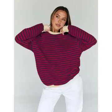 Trendy Queen Oversized Sweatshirt for Women 2024 Fall Crewneck Striped Long Sleeve Shirts Hoodies Preppy Top Y2K Outfits SEBurgundyBlue L